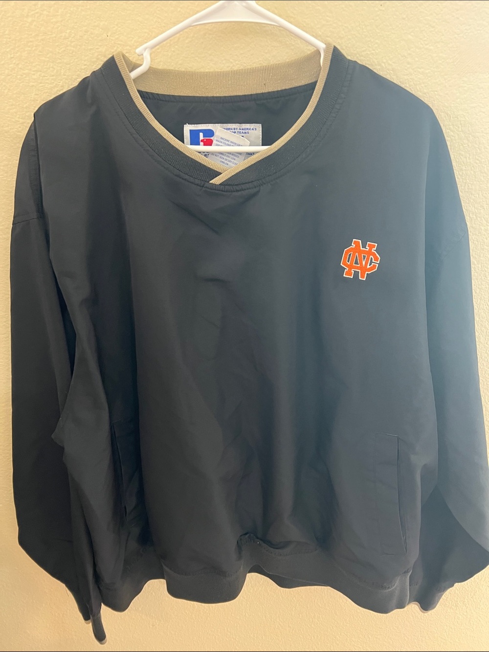 Russell Athletic Black V-Neck Pullover with Tan Trim and Orange Logo